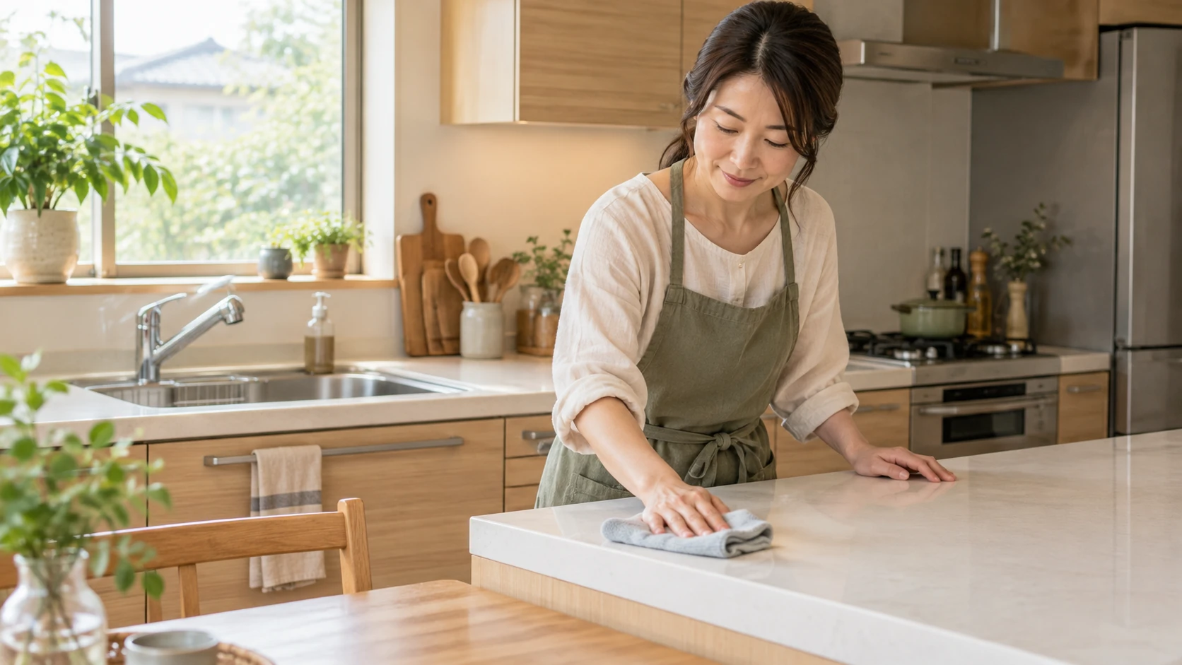 キッチンの天板を柔らかい布で拭いている日常の場面
