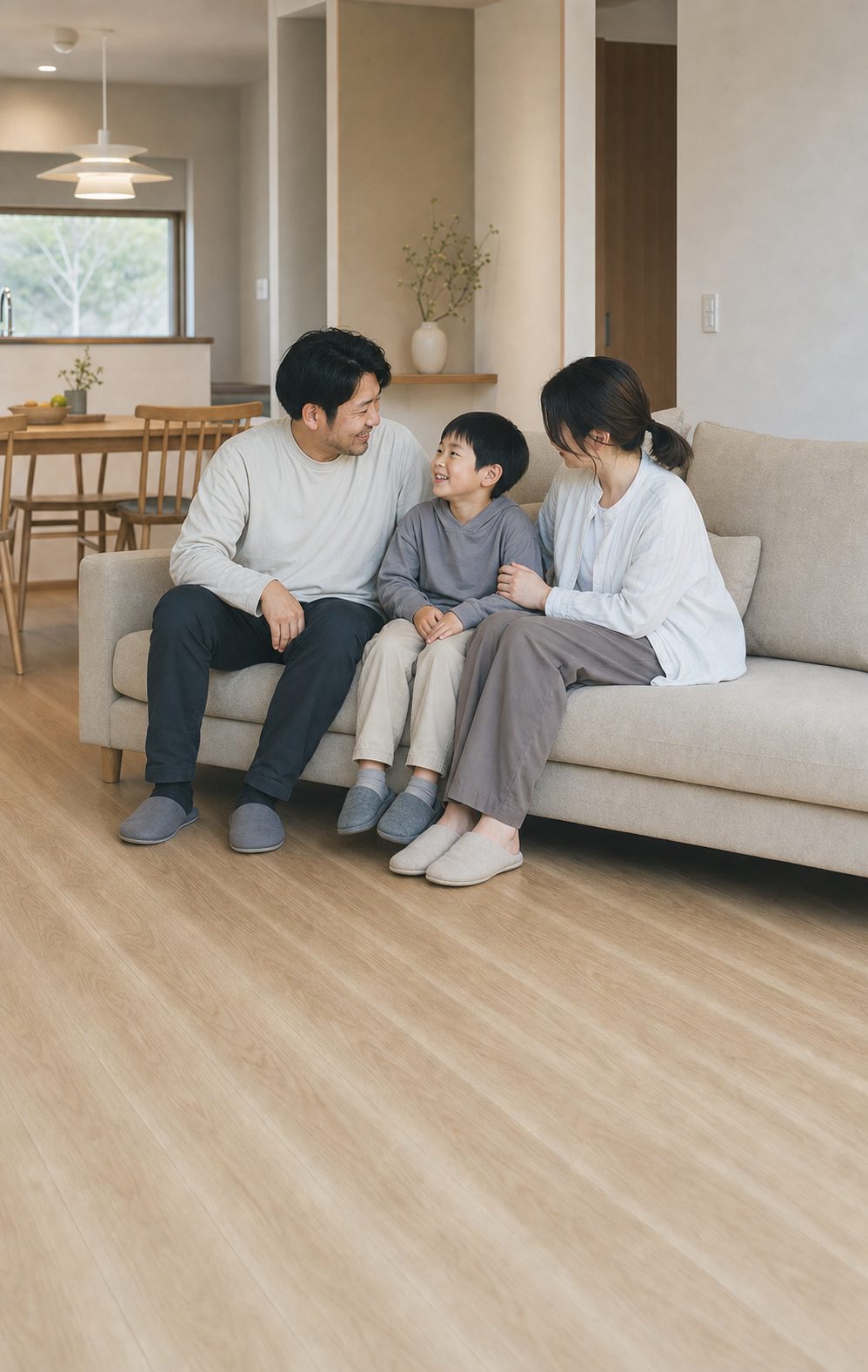 明るいリビングのソファで笑い合う家族