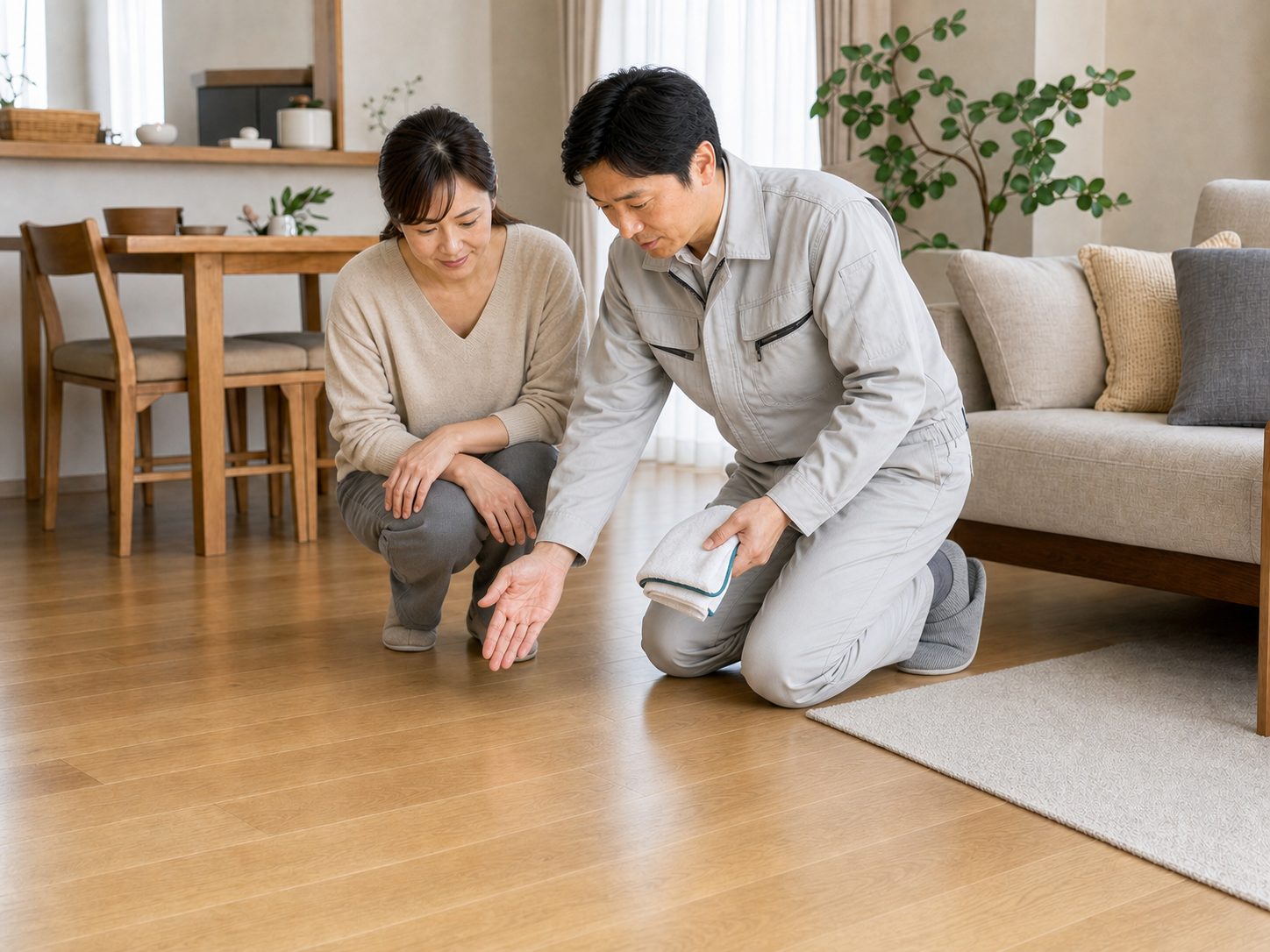 施工後の床の仕上がりを確認するスタッフとお客様