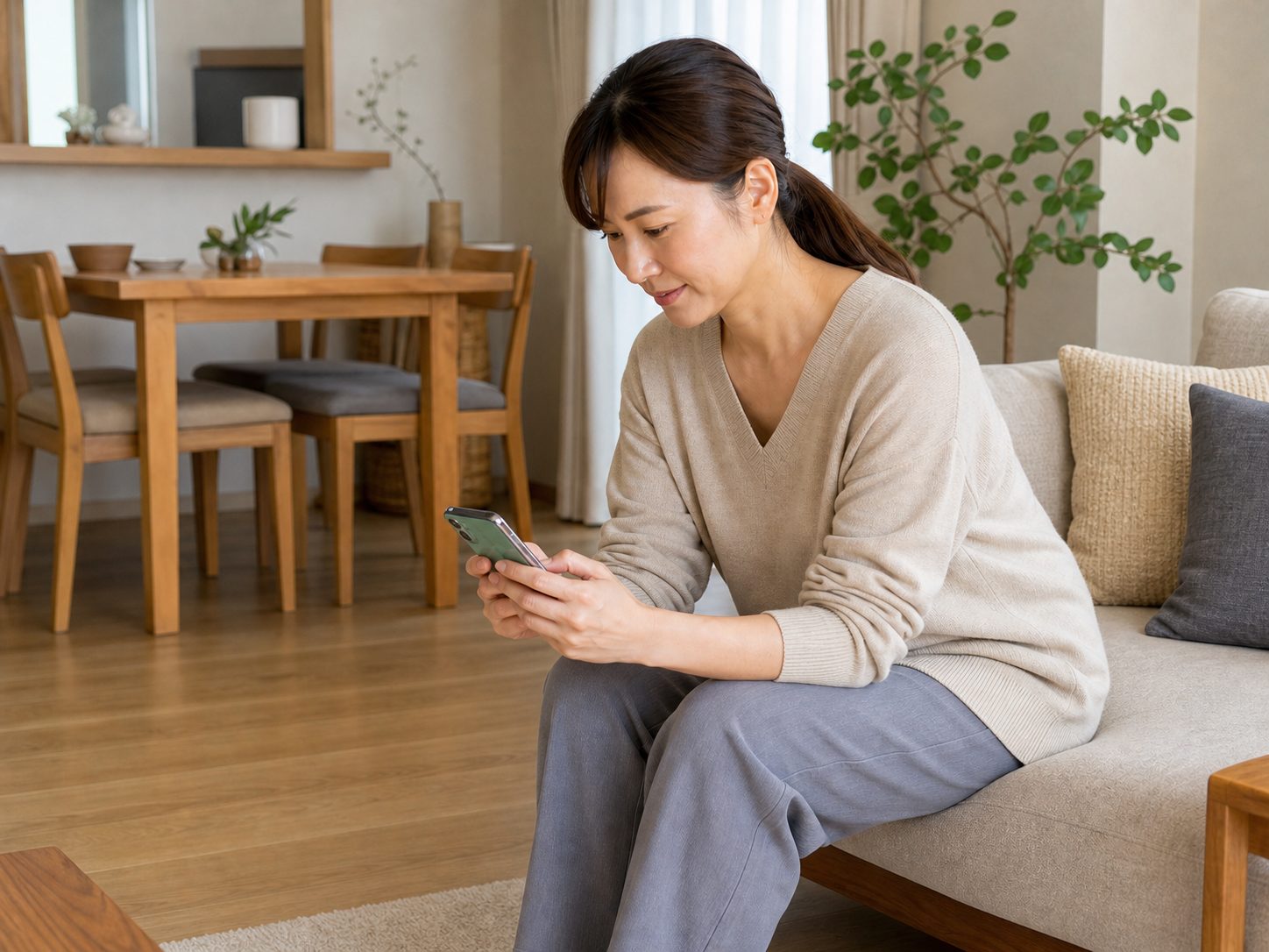 スマートフォンでLINE相談をする女性