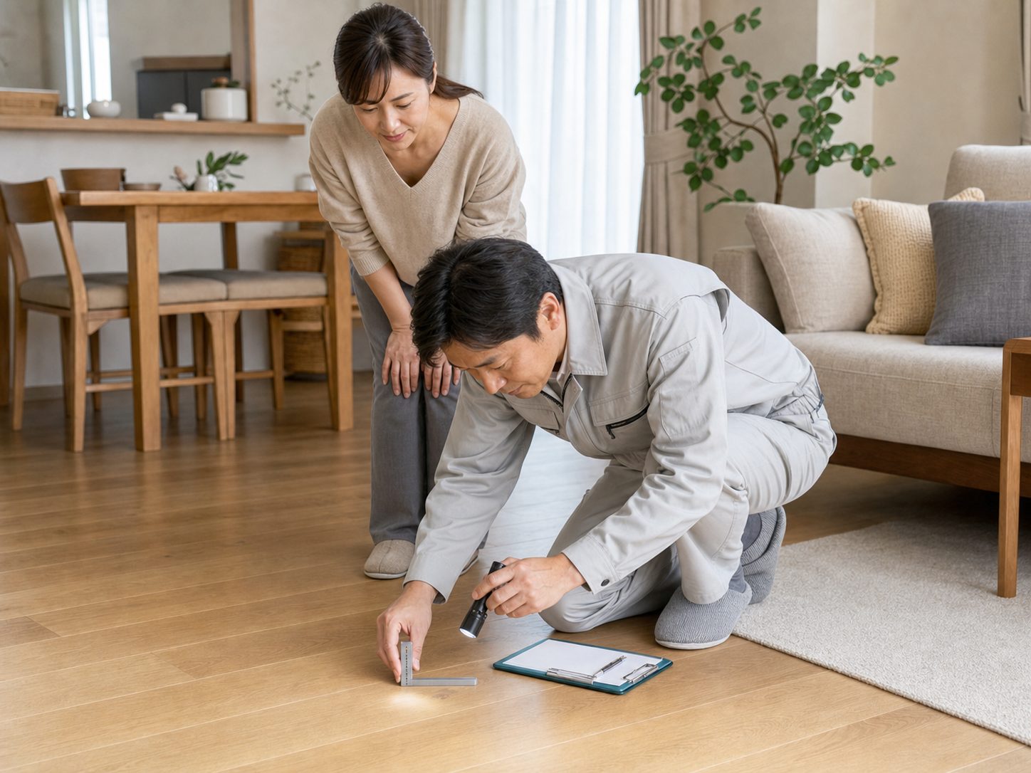 スタッフが床の現地調査をする様子